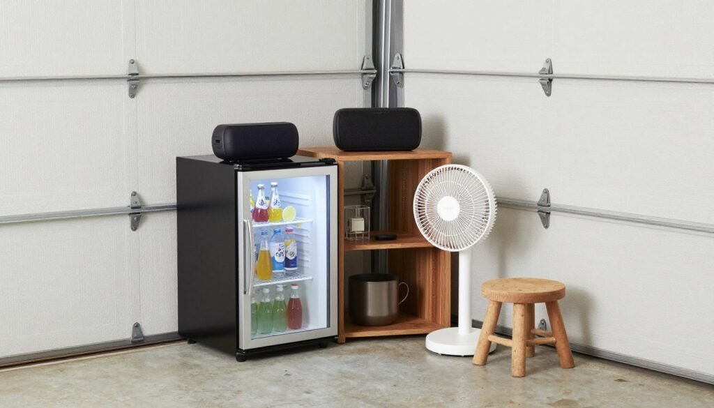 Garage comfort corner with small refrigerator and bluetooth speaker