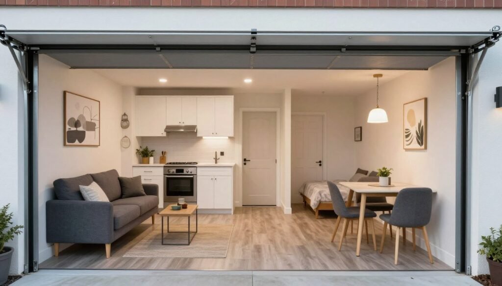 Garage converted into a complete accessory dwelling unit with kitchen, bathroom, and living area Garage converted into a complete accessory dwelling unit with kitchen, bathroom, and living area