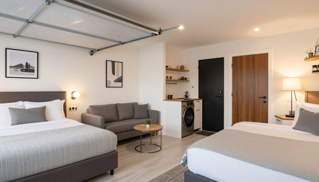 Garage converted into a cozy guest suite with bed, seating area, and small kitchenette Garage converted into a cozy guest suite with bed, seating area, and small kitchenette