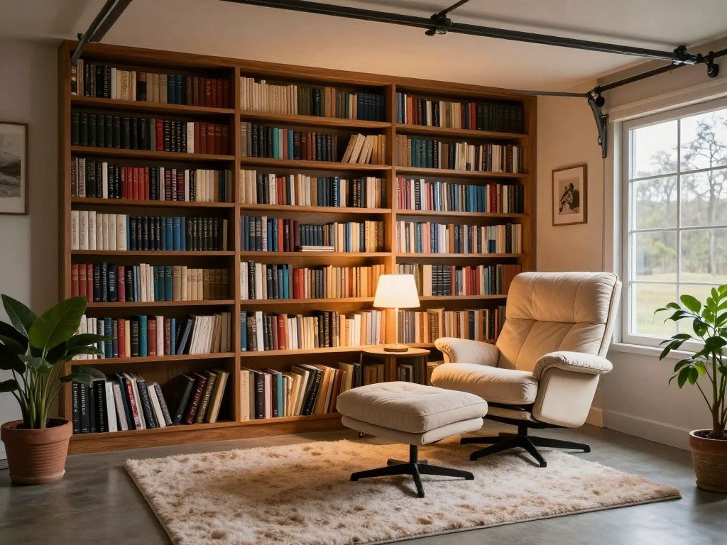 Garage converted into a cozy reading nook with bookshelves and comfortable seating