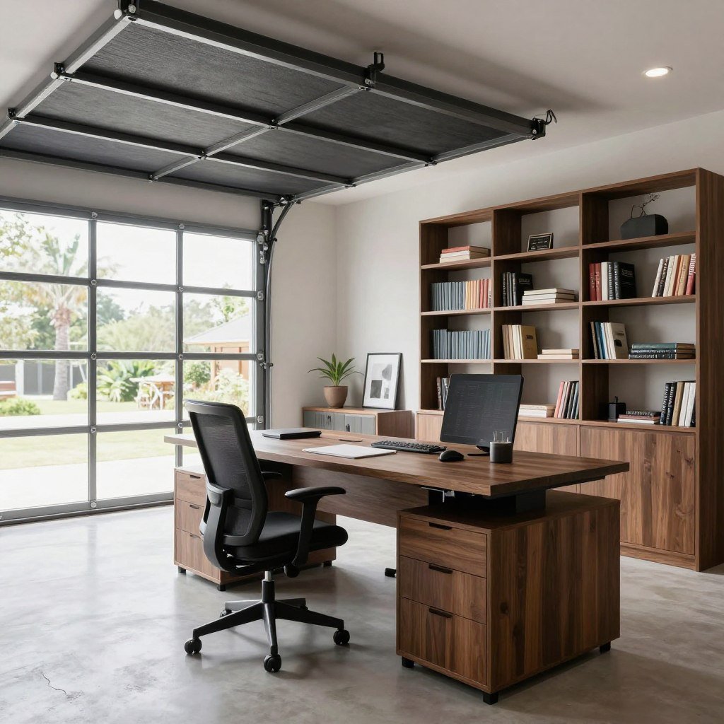 Garage converted into a home office with desk and storage Garage converted into a home office with desk and storage