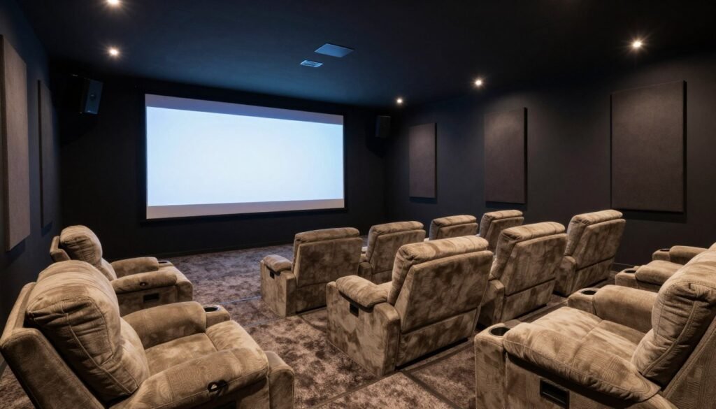 Garage converted into a home theater with comfortable seating and large screen