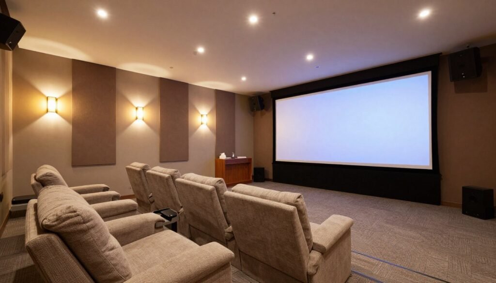 Garage converted into a luxurious home theater with tiered seating, projector, and sound system Garage converted into a luxurious home theater with tiered seating, projector, and sound system