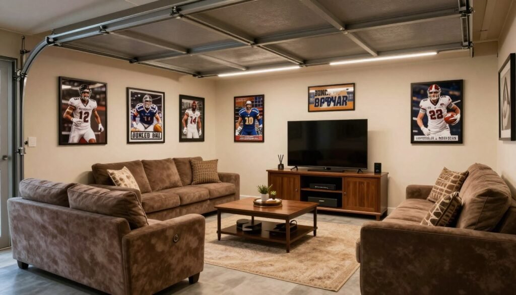 Garage converted into a man cave with comfortable seating and entertainment center