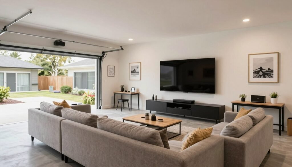 Garage converted into a modern family entertainment room with TV, comfortable seating, and game area Garage converted into a modern family entertainment room with TV, comfortable seating, and game area