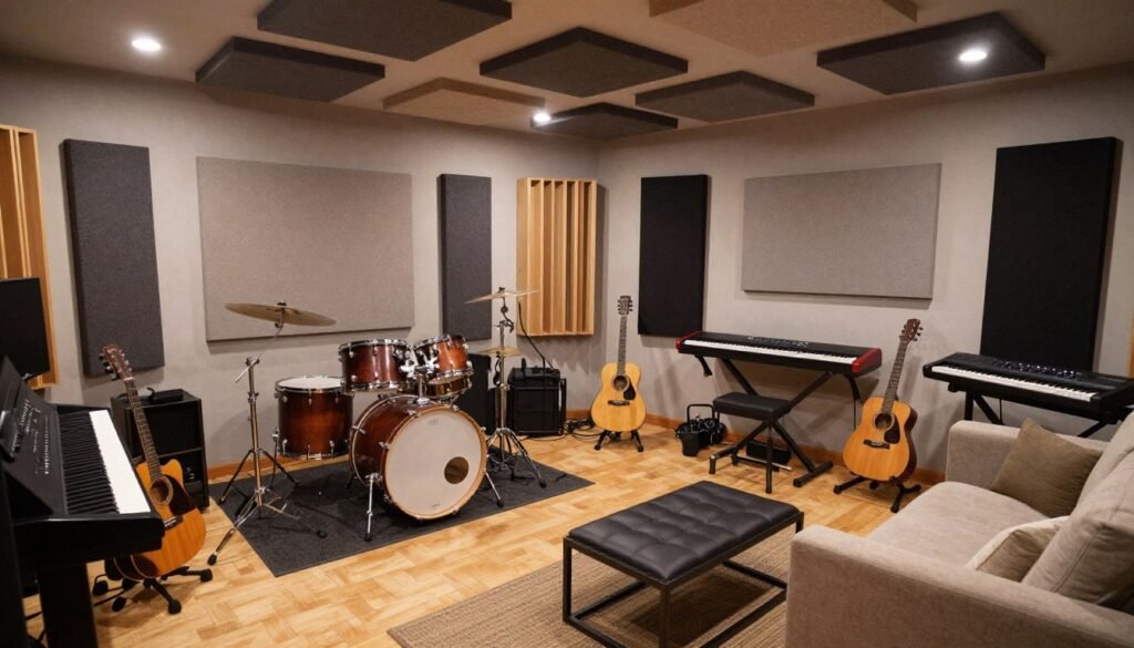Garage converted into a music studio with instruments and sound equipment