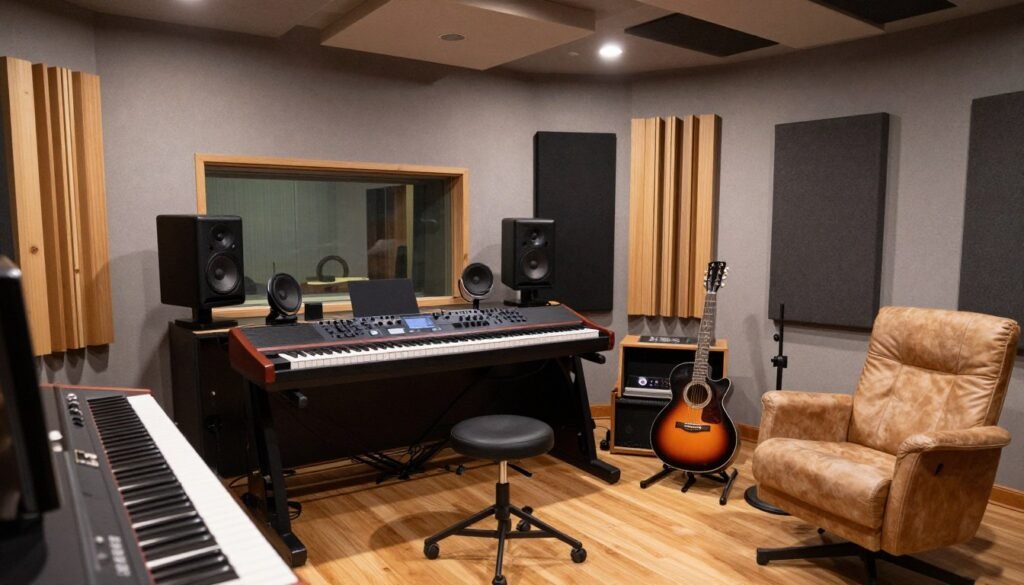Garage converted into a soundproofed music studio with instruments and recording equipment Garage converted into a soundproofed music studio with instruments and recording equipment