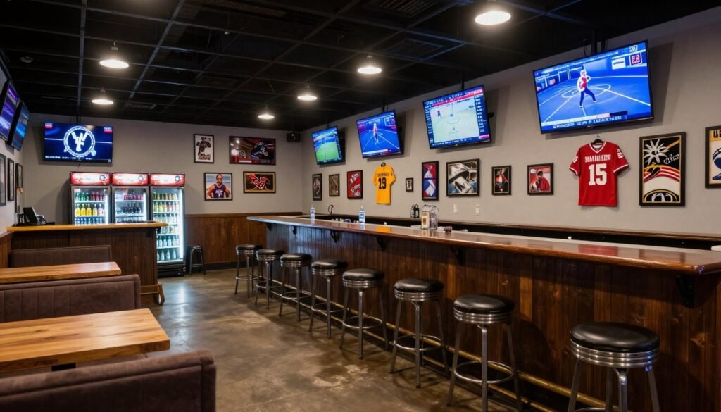 Garage converted into a sports bar with multiple TVs, bar counter, and team memorabilia
