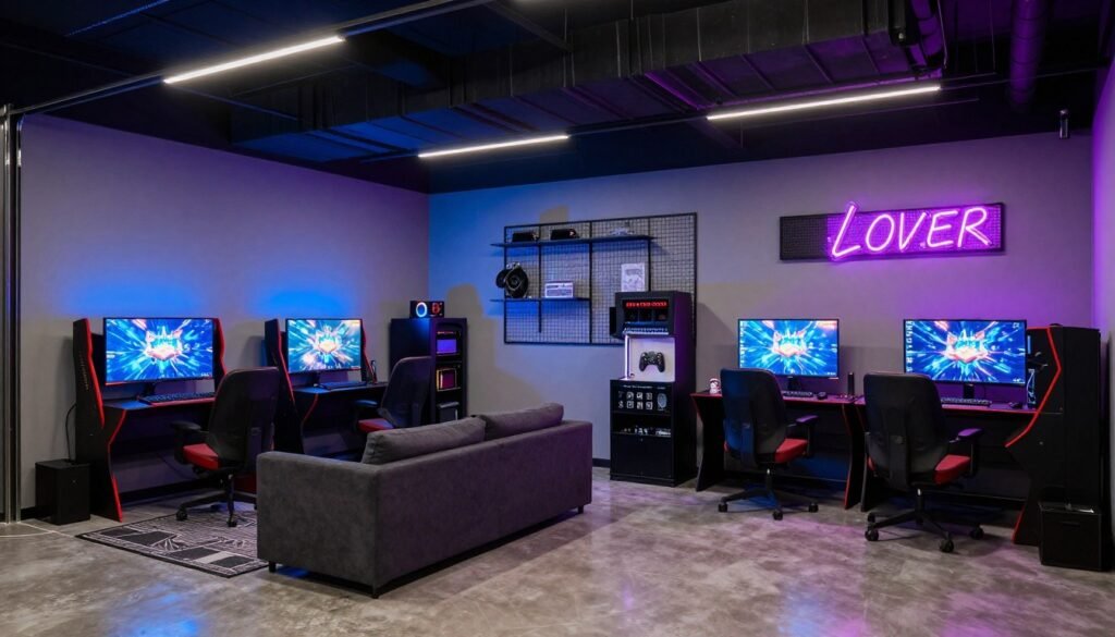 Garage converted into a stylish teen hangout with gaming area, study space, and lounge seating Garage converted into a stylish teen hangout with gaming area, study space, and lounge seating
