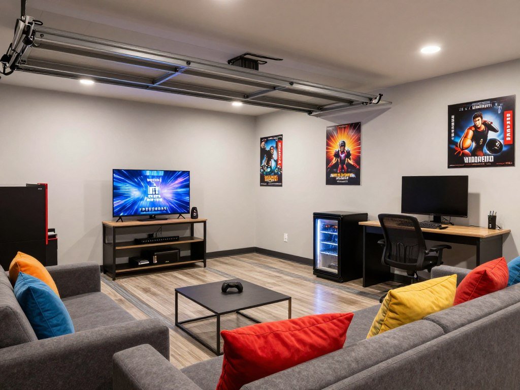 Garage converted into a teen hangout space with gaming area, comfortable seating, and study space