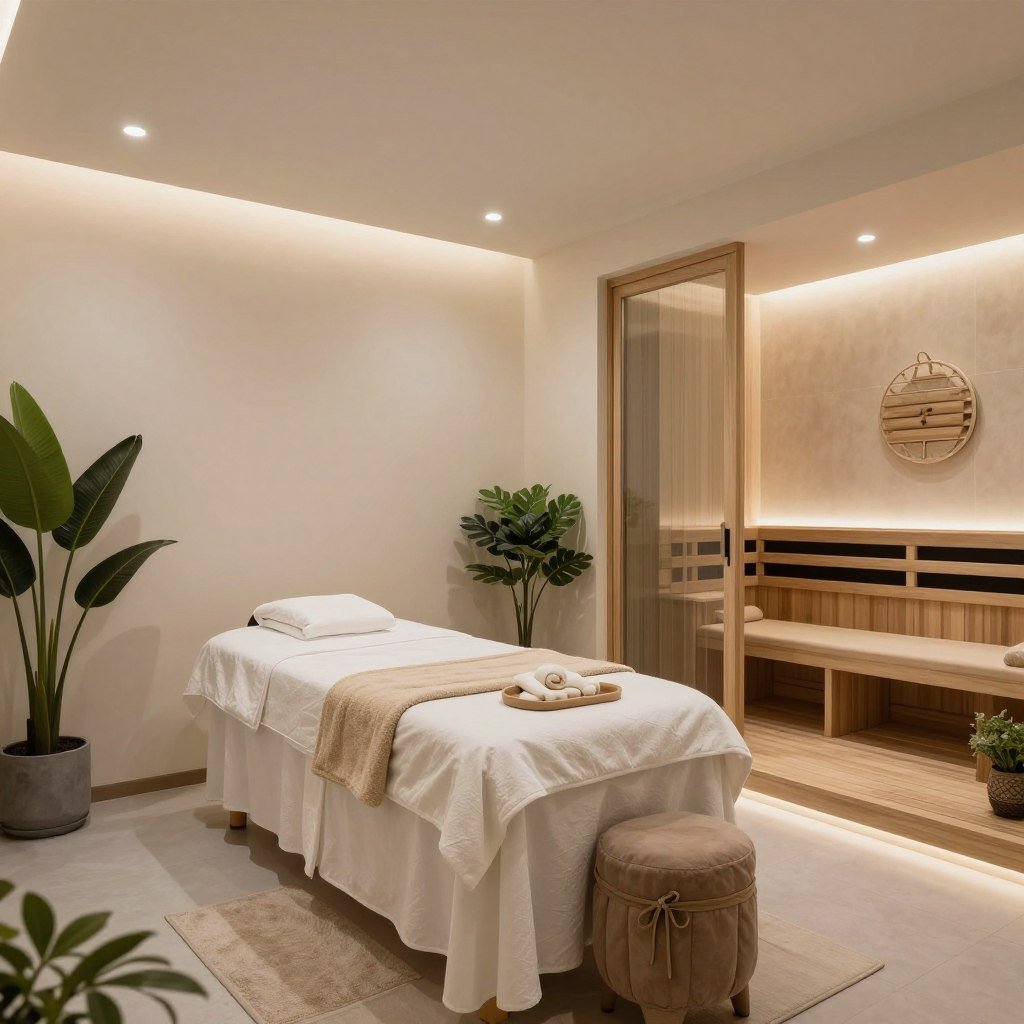 Garage converted into a tranquil home spa with massage table and relaxation area Garage converted into a tranquil home spa with massage table and relaxation area