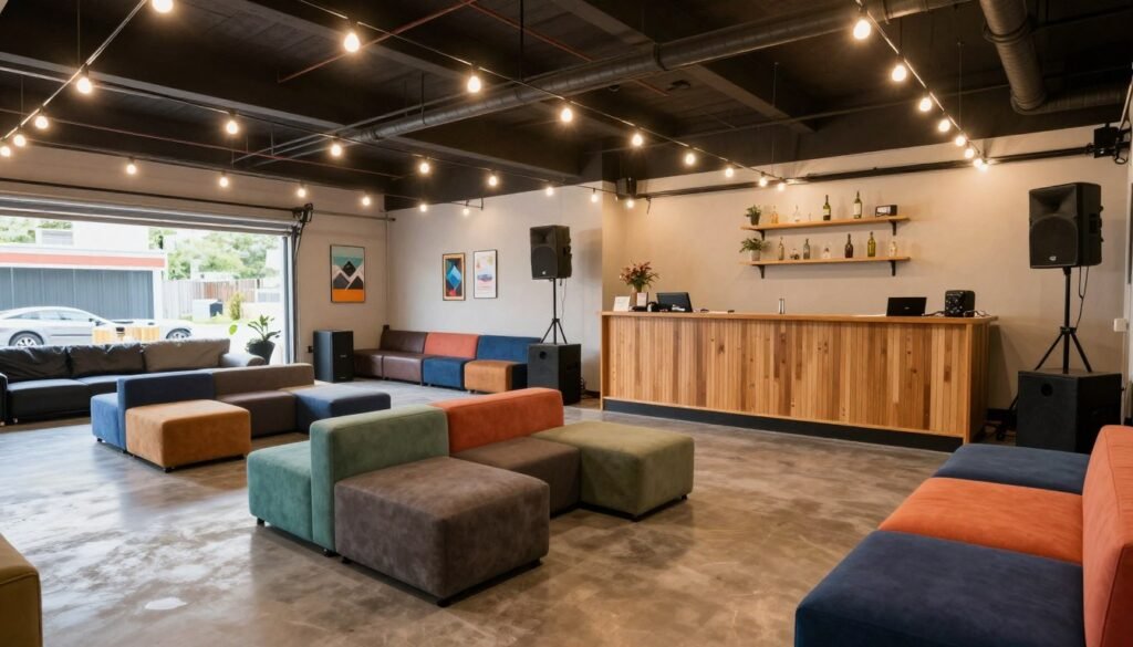 Garage converted into a versatile party space with modular furniture and festive lighting
