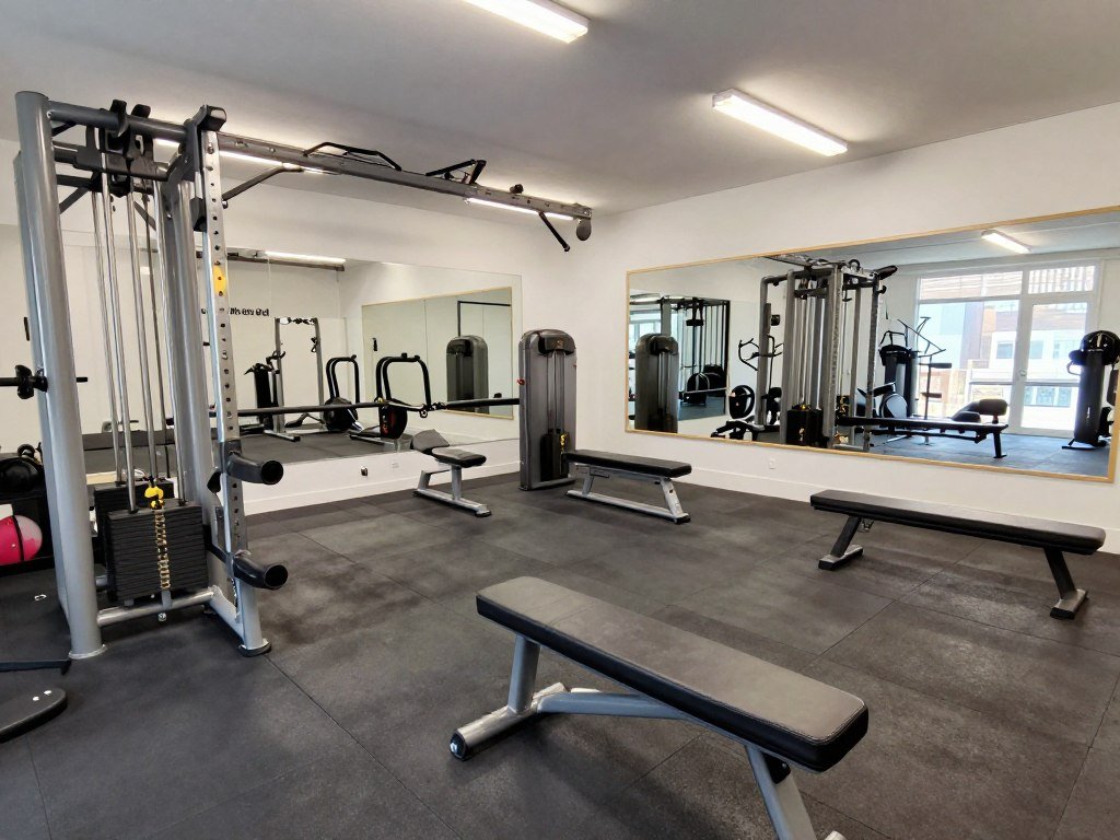 Garage converted into home gym with exercise equipment and rubber flooring