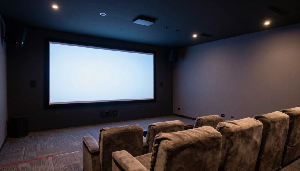 Garage converted into home theater with comfortable seating