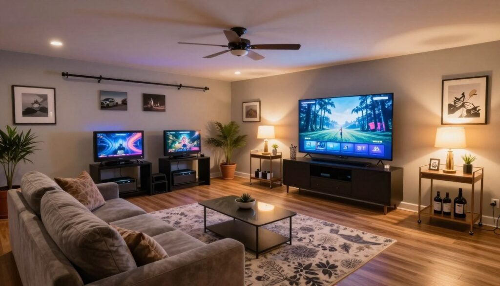 Garage converted to entertainment lounge with seating and TV