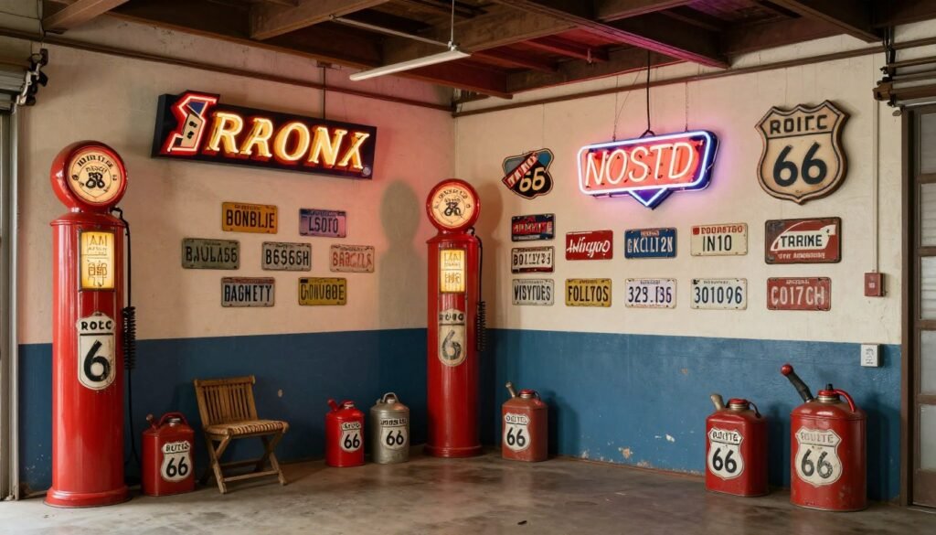 Garage decorated with vintage gas station signs, route 66 memorabilia, and retro automotive decor Garage decorated with vintage gas station signs, route 66 memorabilia, and retro automotive decor