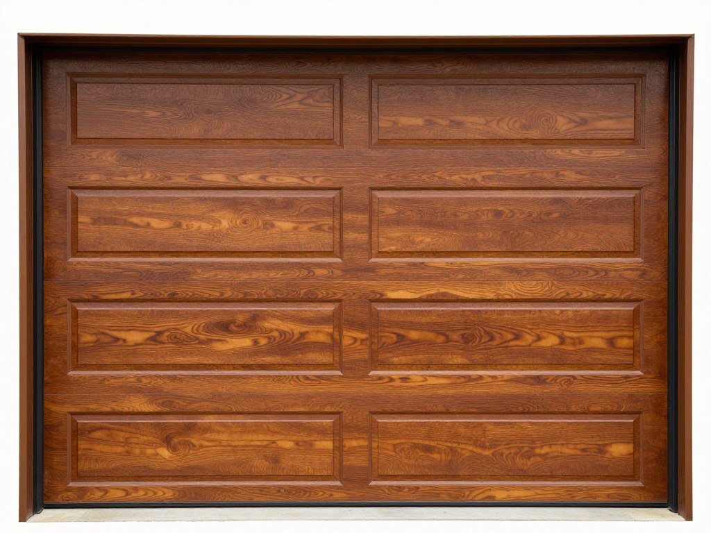 Garage door makeover with wood-look finish on metal door
