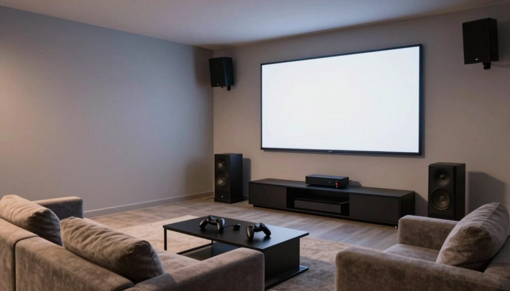 Garage entertainment setup with large screen, gaming console, and sound system