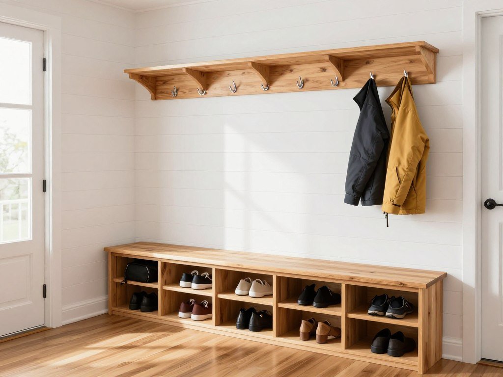 Garage entryway with built-in storage bench, wall hooks, and overhead shelving