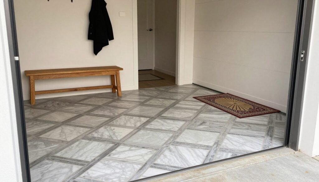 Garage entryway with durable tile flooring in a geometric pattern