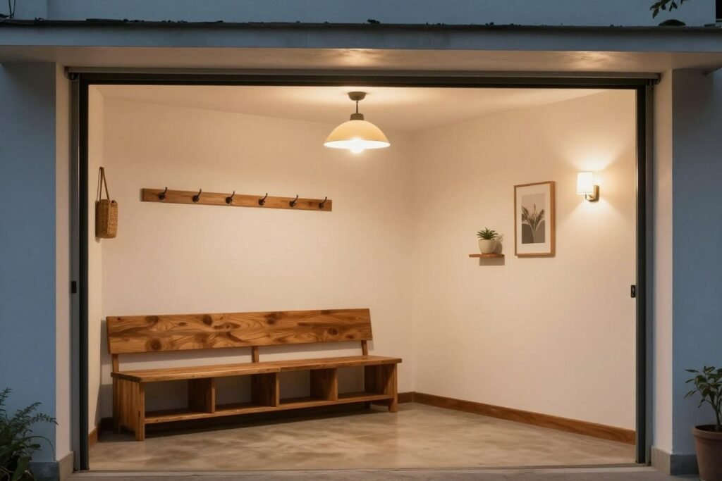 Garage entryway with layered lighting including overhead fixture and wall sconce