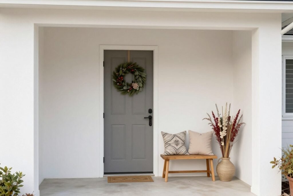 Garage entryway with seasonal decor elements that can be easily changed