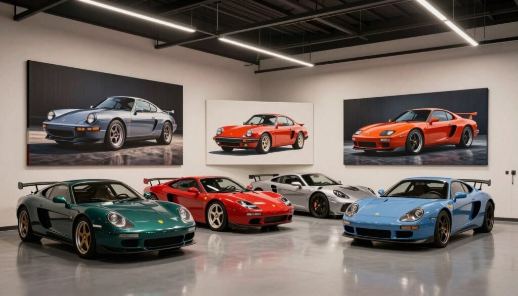 Garage featuring custom automotive artwork of the owner's personal vehicle collection Garage featuring custom automotive artwork of the owner's personal vehicle collection