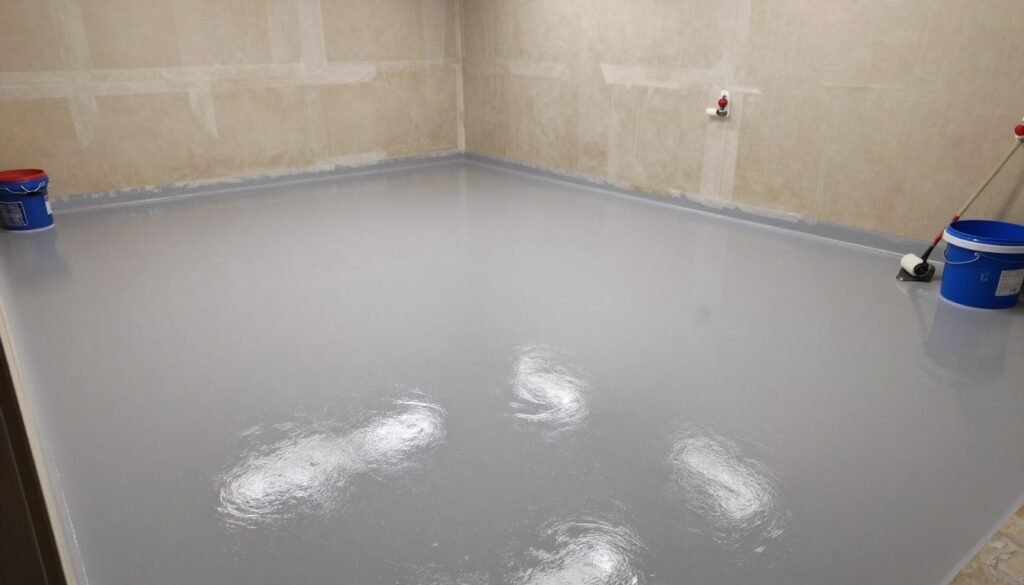 Garage floor being prepared with epoxy coating for man cave conversion