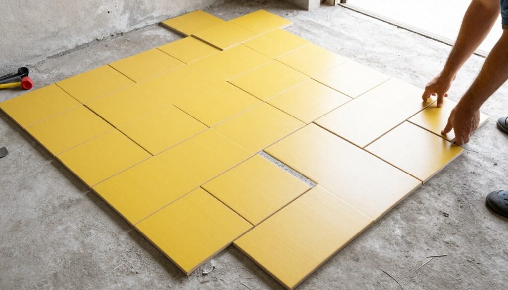 Garage floor being transformed with interlocking floor tiles in a bright color pattern