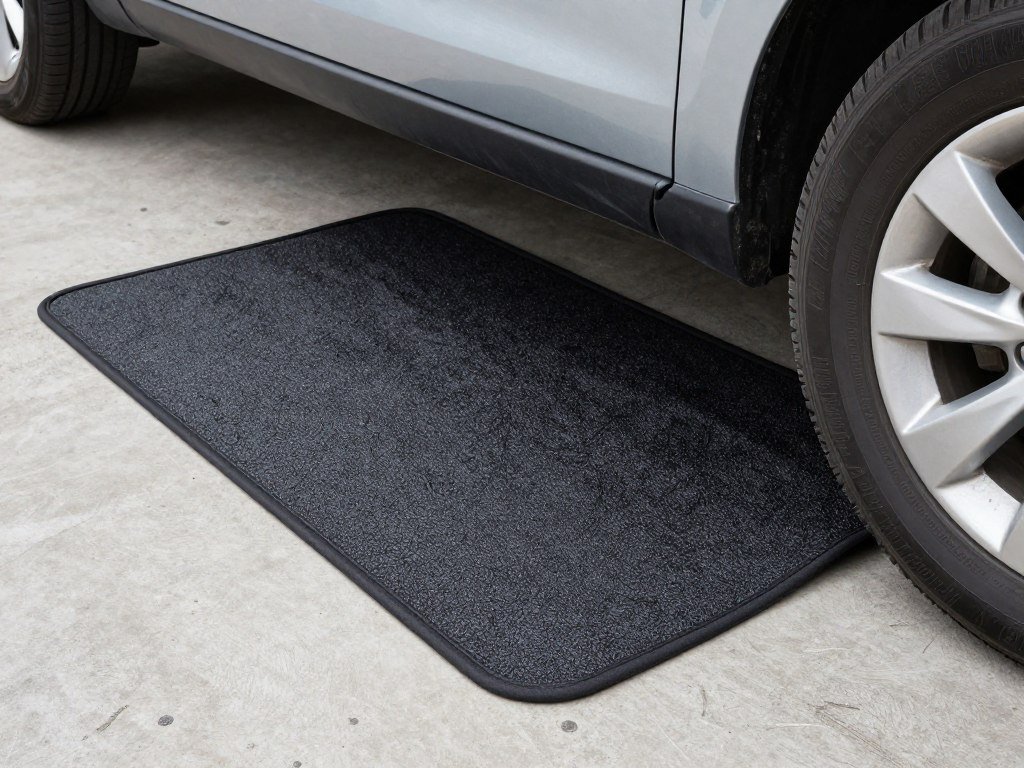 Garage floor mat under vehicle tires to prevent hot tire damage