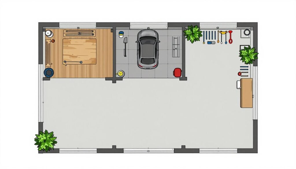 Garage floor plan showing different functional zones marked for various activities