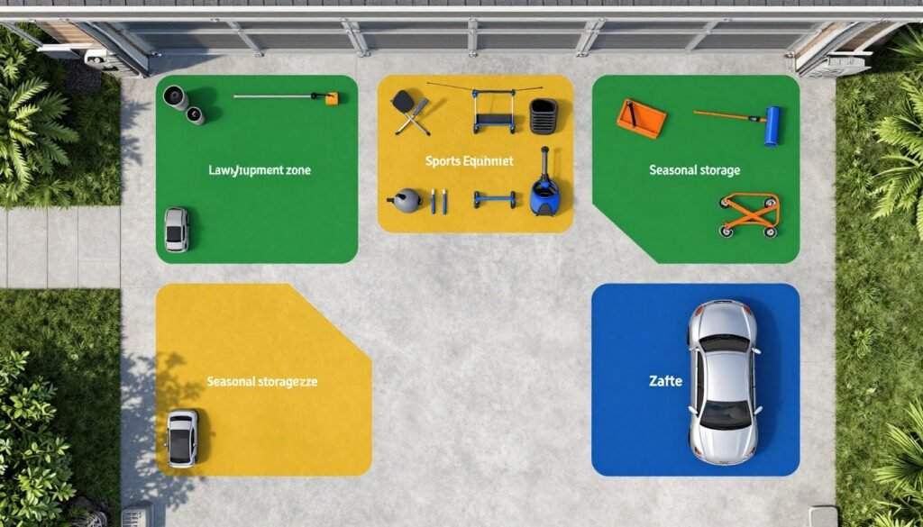 Garage floor plan showing different organization zones marked with different colors