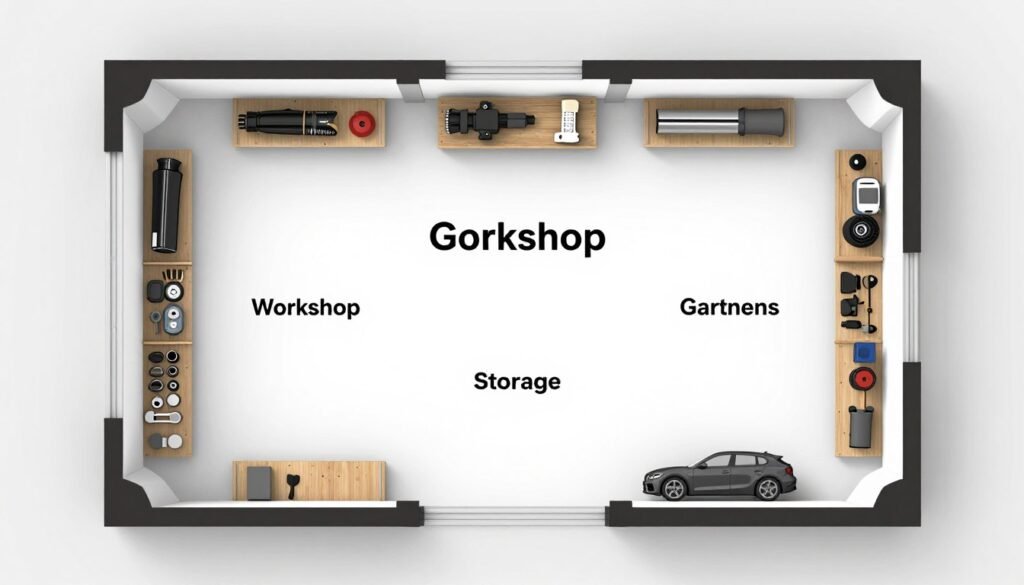 Garage floor plan showing organized zones for different storage needs