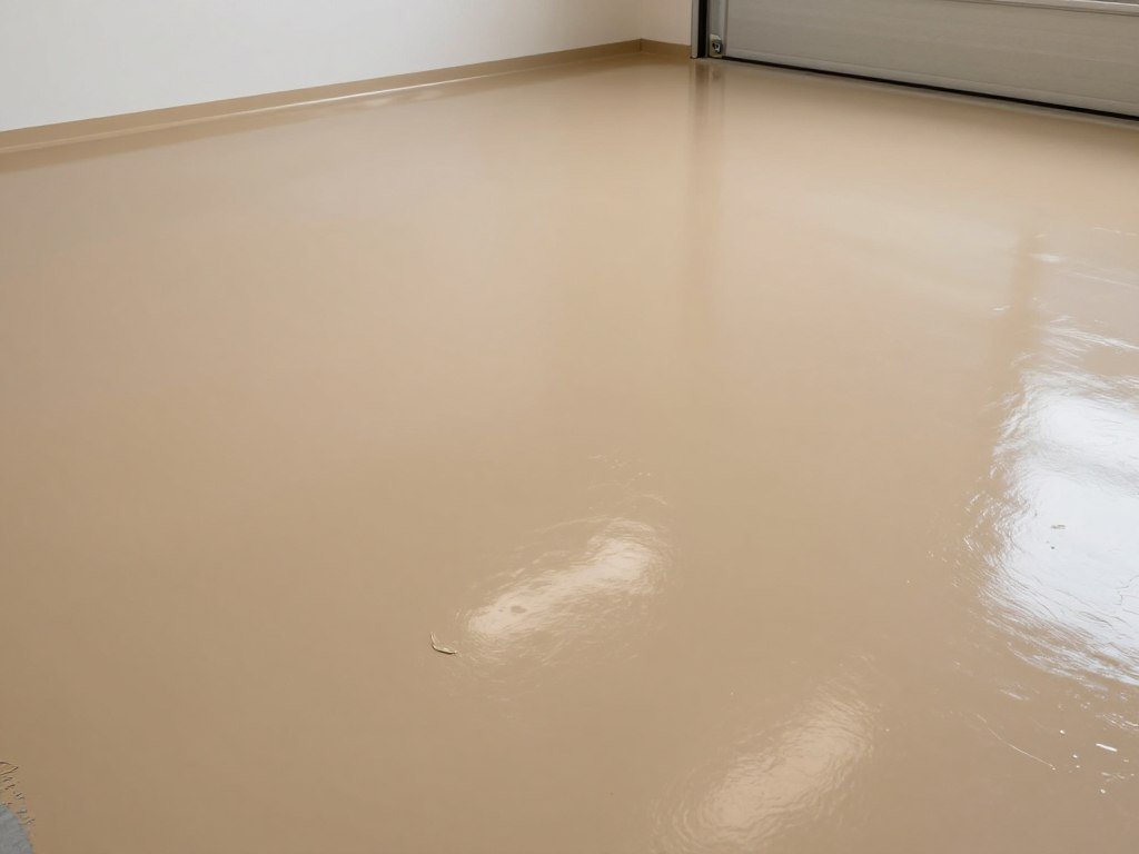 Garage floor with 1-part epoxy paint in tan showing improved durability