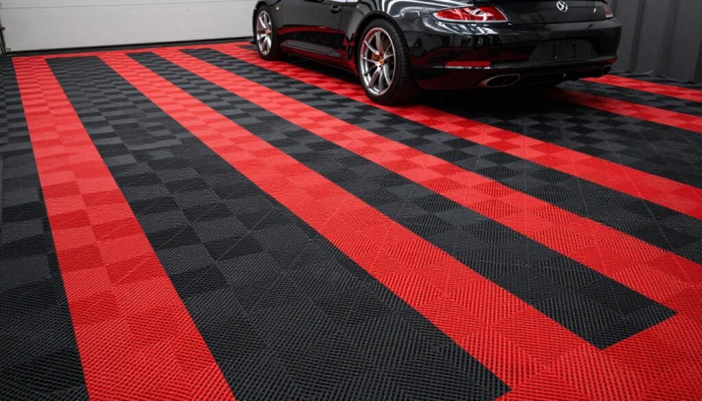 Garage floor with red and black interlocking tiles arranged in a racing stripe pattern