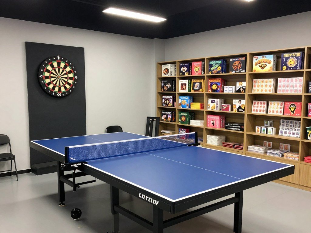 Garage game area with ping pong table, dart board, and board game storage