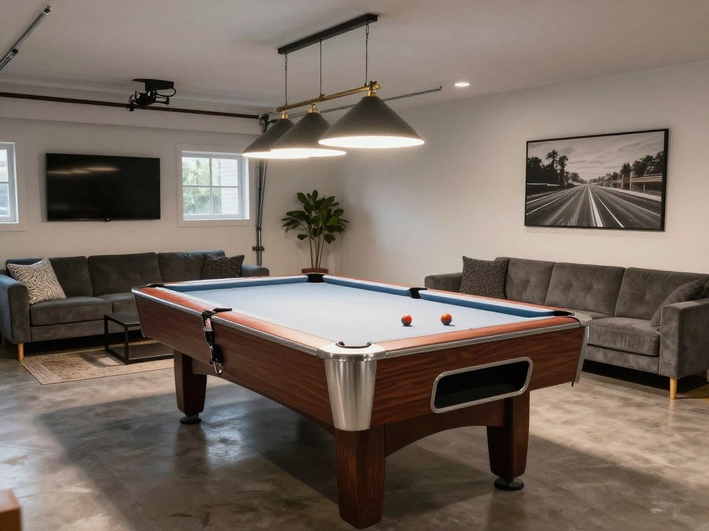 Garage game room with pool table and seating area
