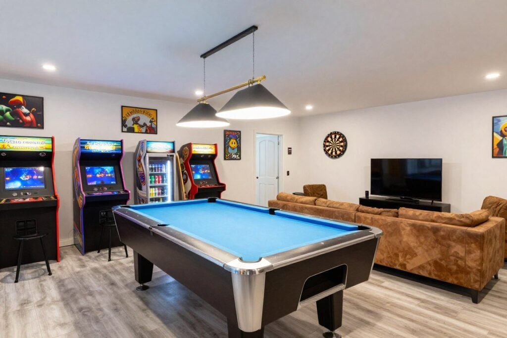 Garage game room with pool table, arcade games, and seating area