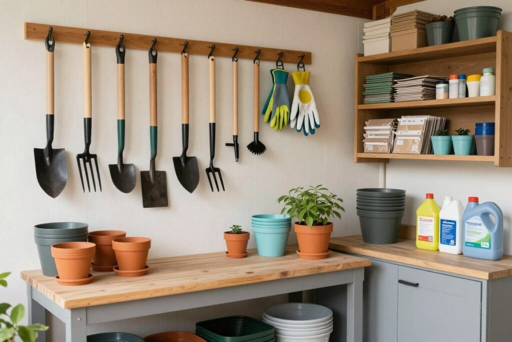 Garage gardening zone with organized tools and supplies