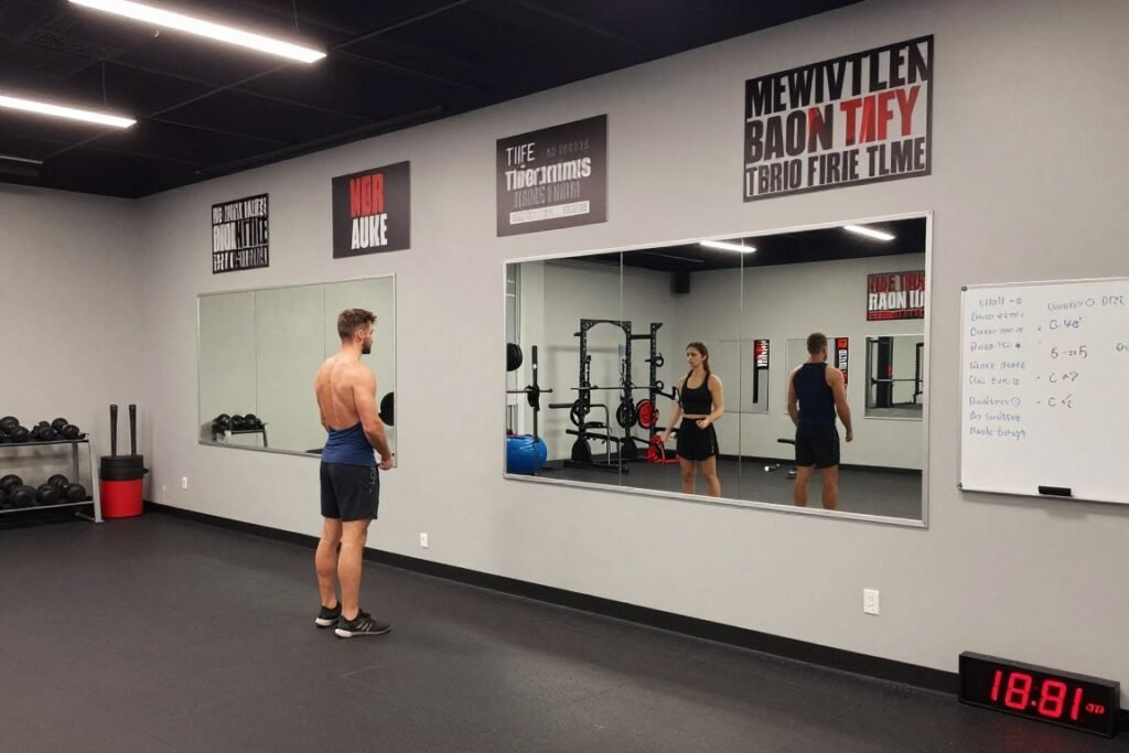 Garage gym with large mirrors and motivational wall art