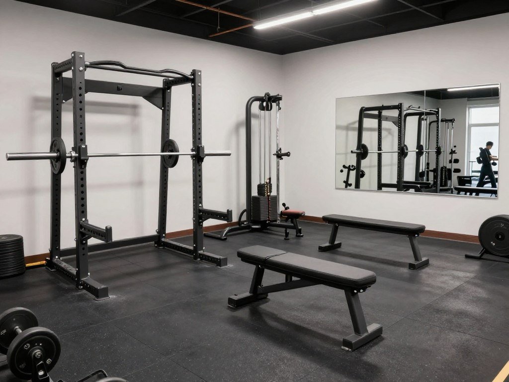 Garage gym zone with rubber flooring and organized fitness equipment