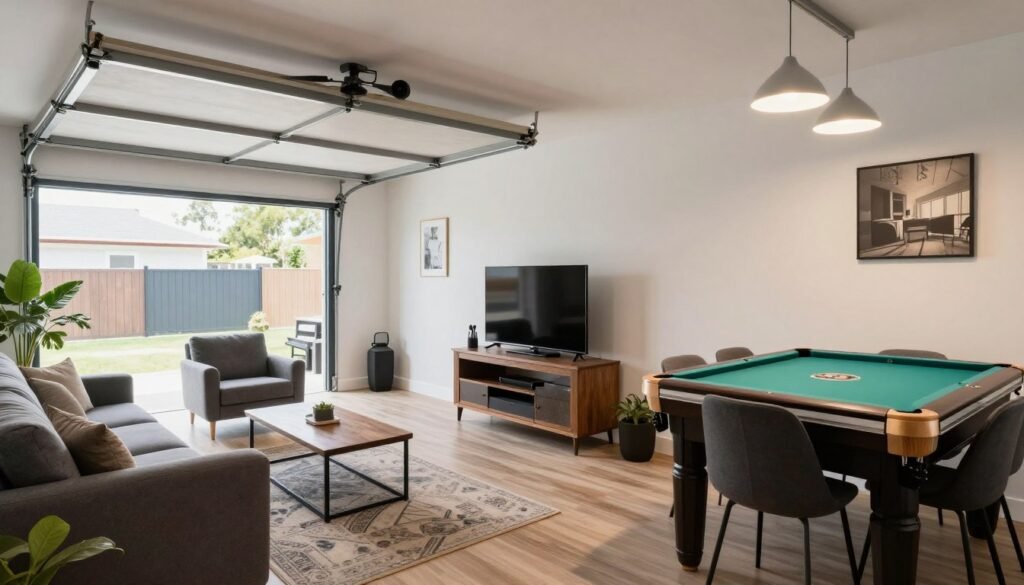 Garage hang out space with distinct seating and entertainment zones