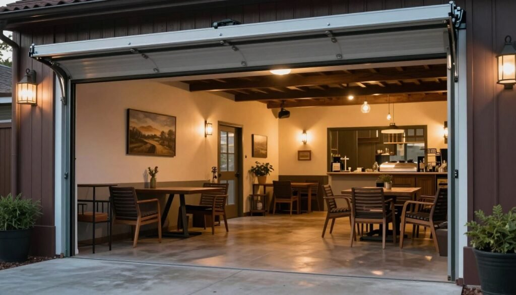 Garage hang out space with open door connecting to outdoor patio