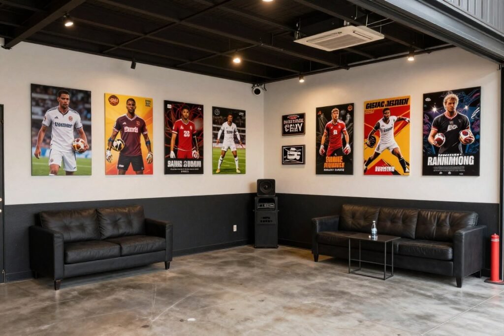 Garage hang out space with themed wall art and decorations