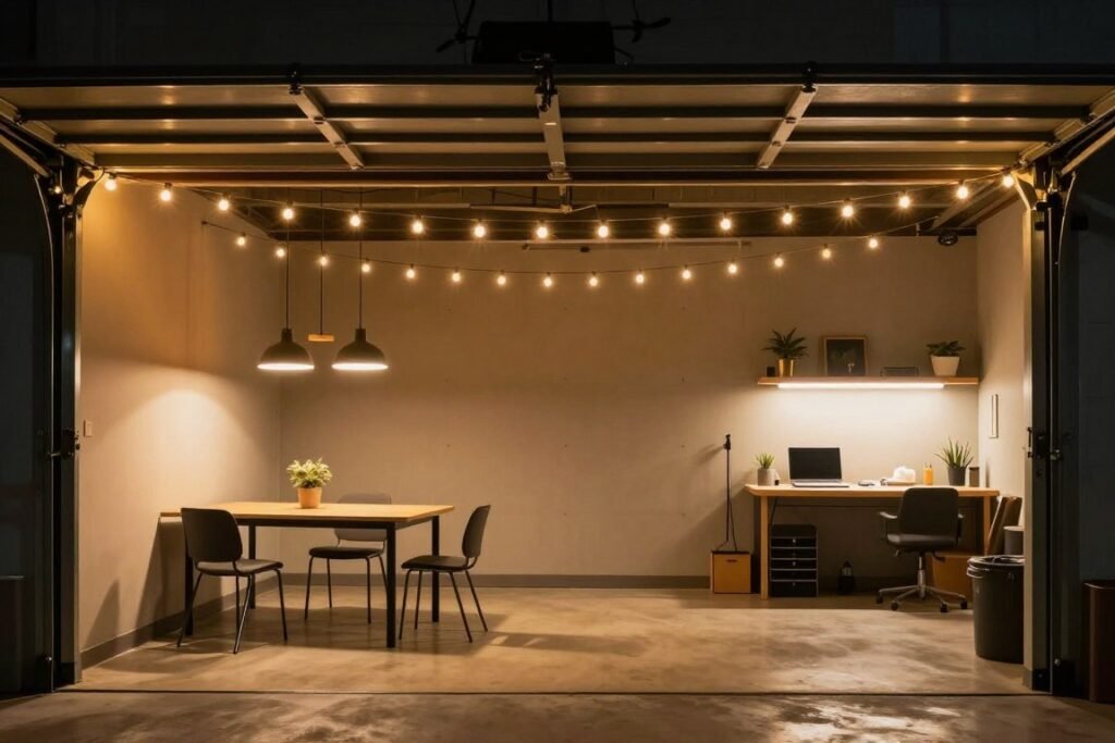 Garage hangout space with layered lighting including string lights, pendant lights, and task lighting