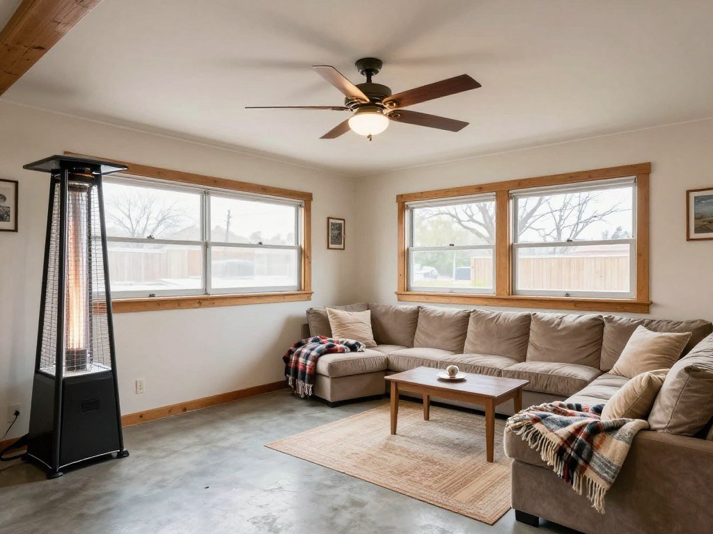 Garage hangout with portable heater, fans, and comfortable seating for year-round use