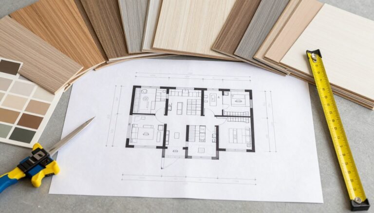 Garage interior design planning with floor plans and material samples