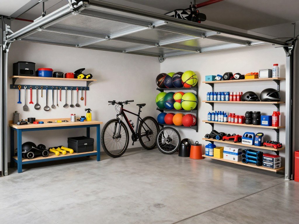 Garage interior organized into functional zones with clear separation between workshop, sports, and automotive areas