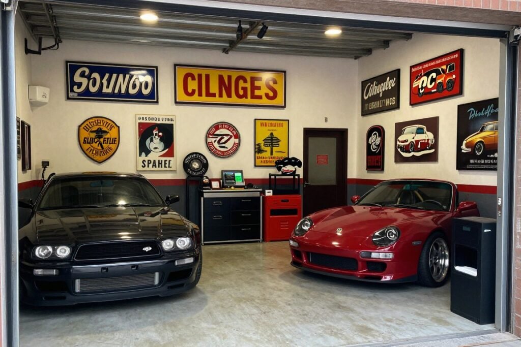 Garage interior with automotive memorabilia and personalized decor