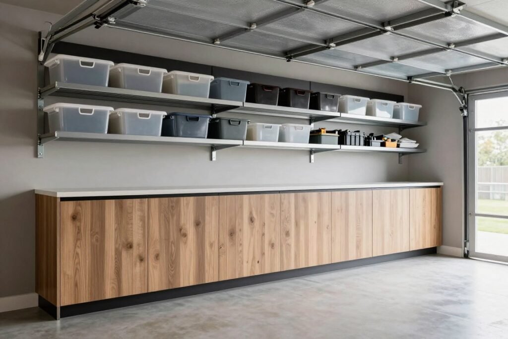 Garage interior with custom cabinetry and overhead storage racks